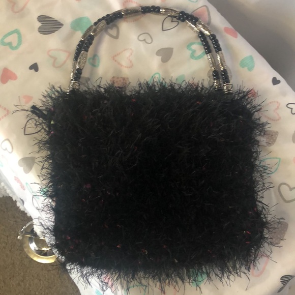 Unbranded black super soft silky hair vintage handbag with beaded handles. - Picture 6 of 6
